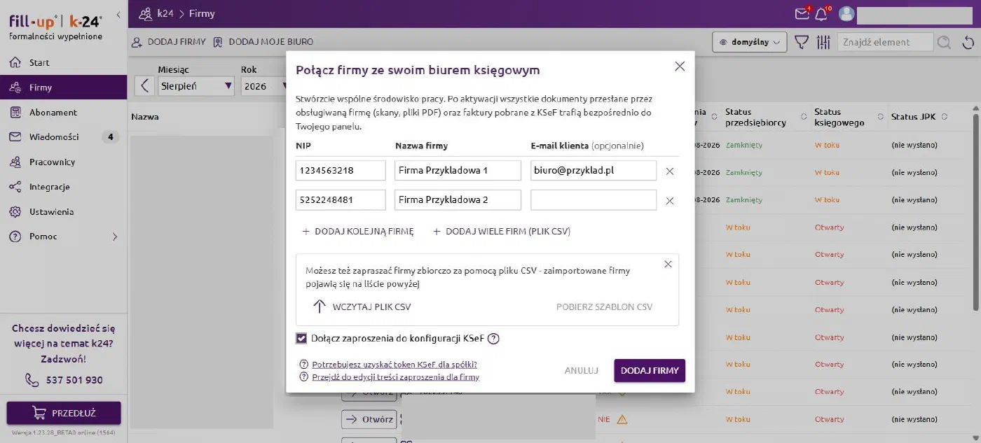 Import CSV — widok po zmianie, sekcja pod przyciskiem „Dodaj wiele firm (plik CSV)"
