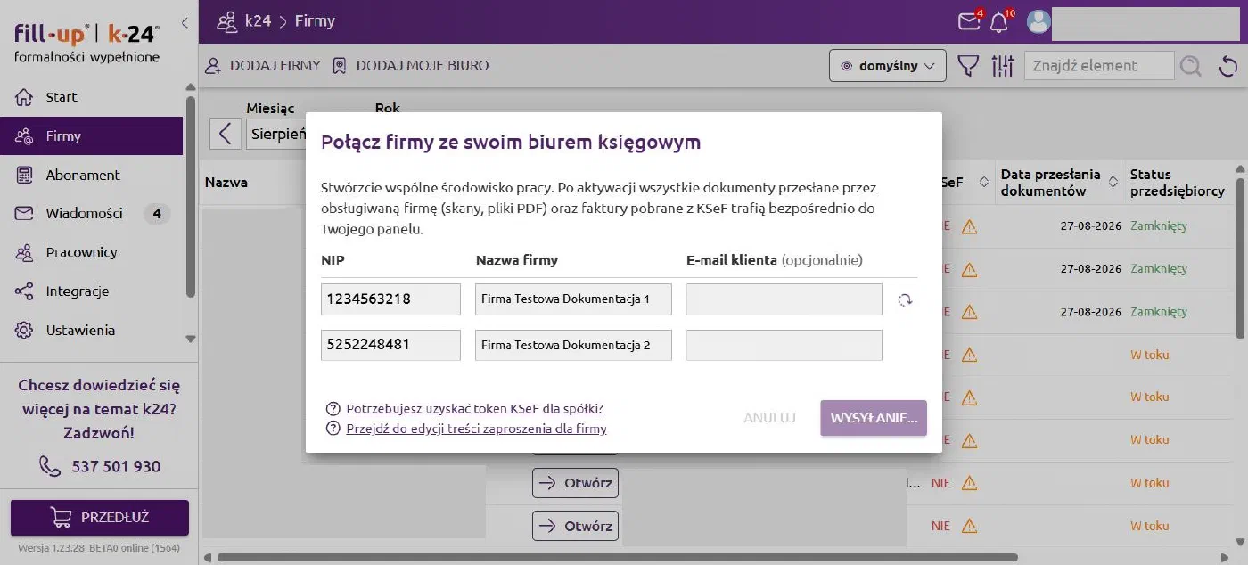 Wysyłka w toku — statusy przy wierszach, zablokowane przyciski