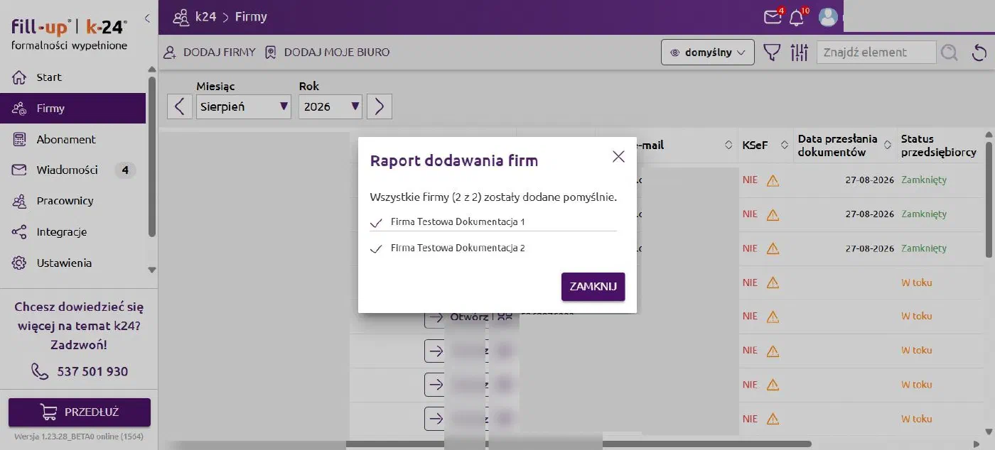 Raport dodawania firm po wysyłce zbiorczej