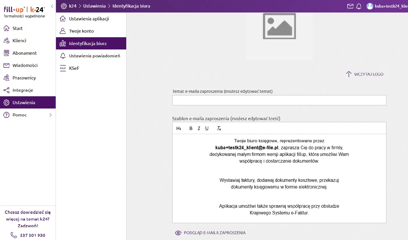 Ustawienia identyfikacji biura — widok przed zmianą