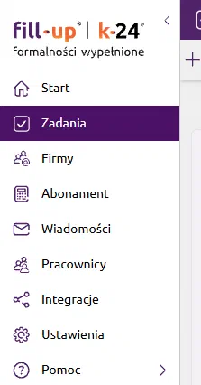 Pozycja „Zadania” w menu głównym k24
