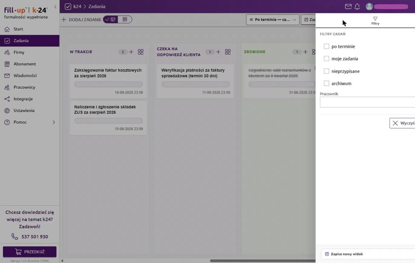 Panel „Filtry zadań” z checkboxami i pickerem Pracownik