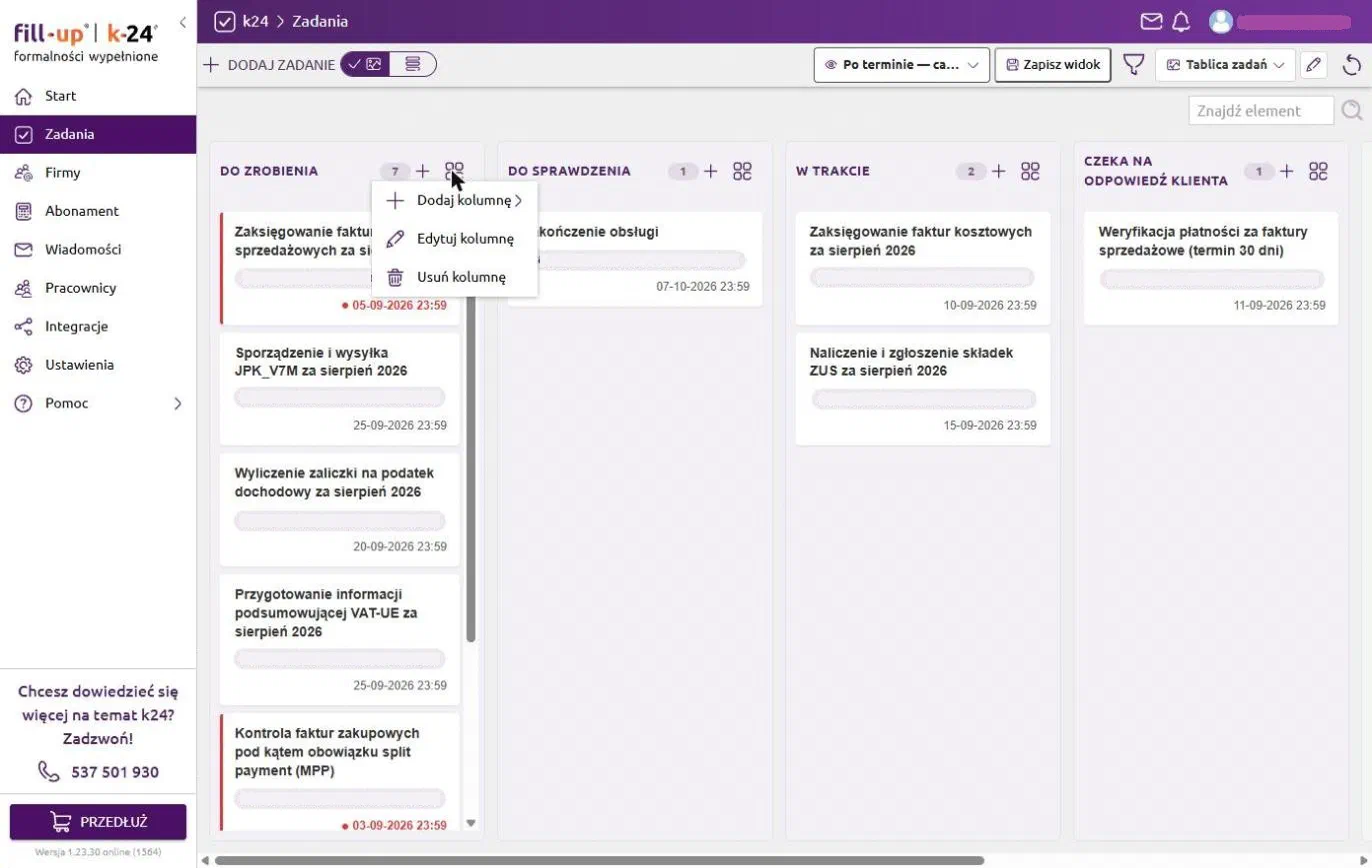 Menu kolumny: dodaj, edytuj, usuń